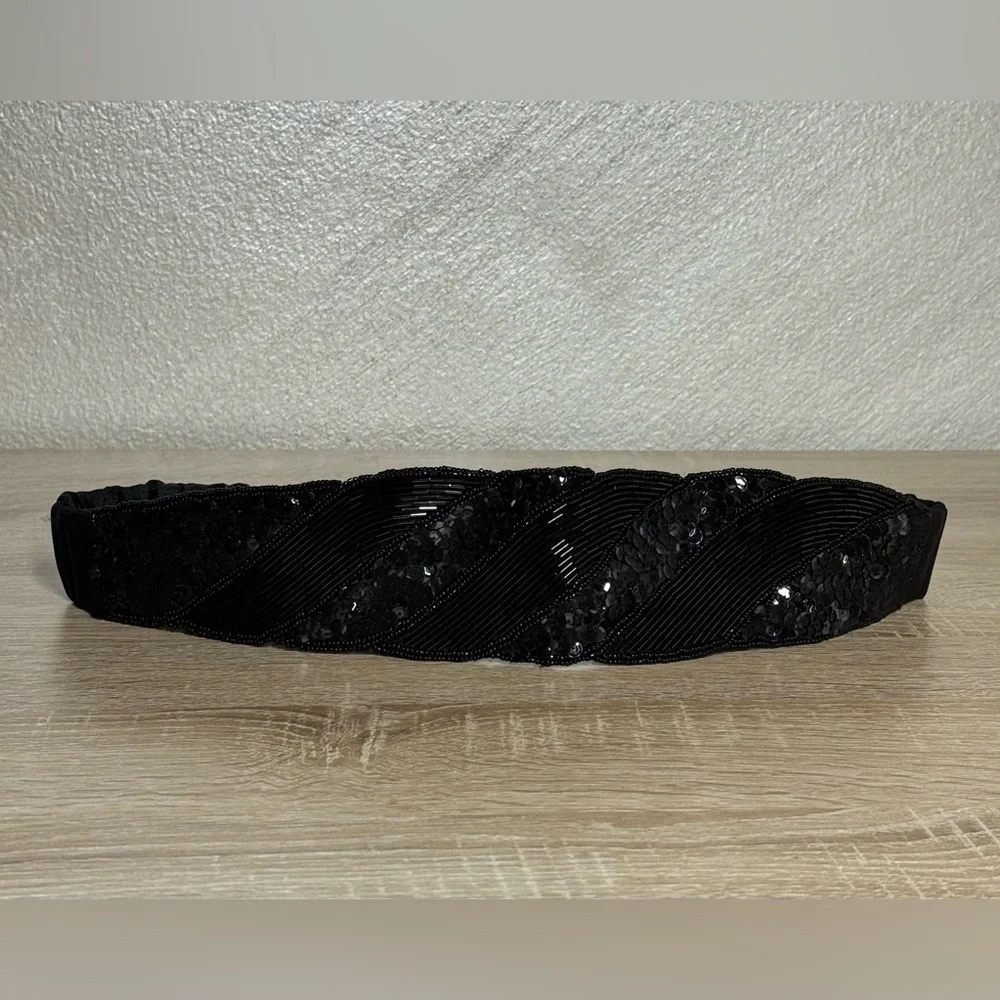 Vintage La Rue Size Women M/L Beads Sequins Rayon Satin Elastic Waist Belt